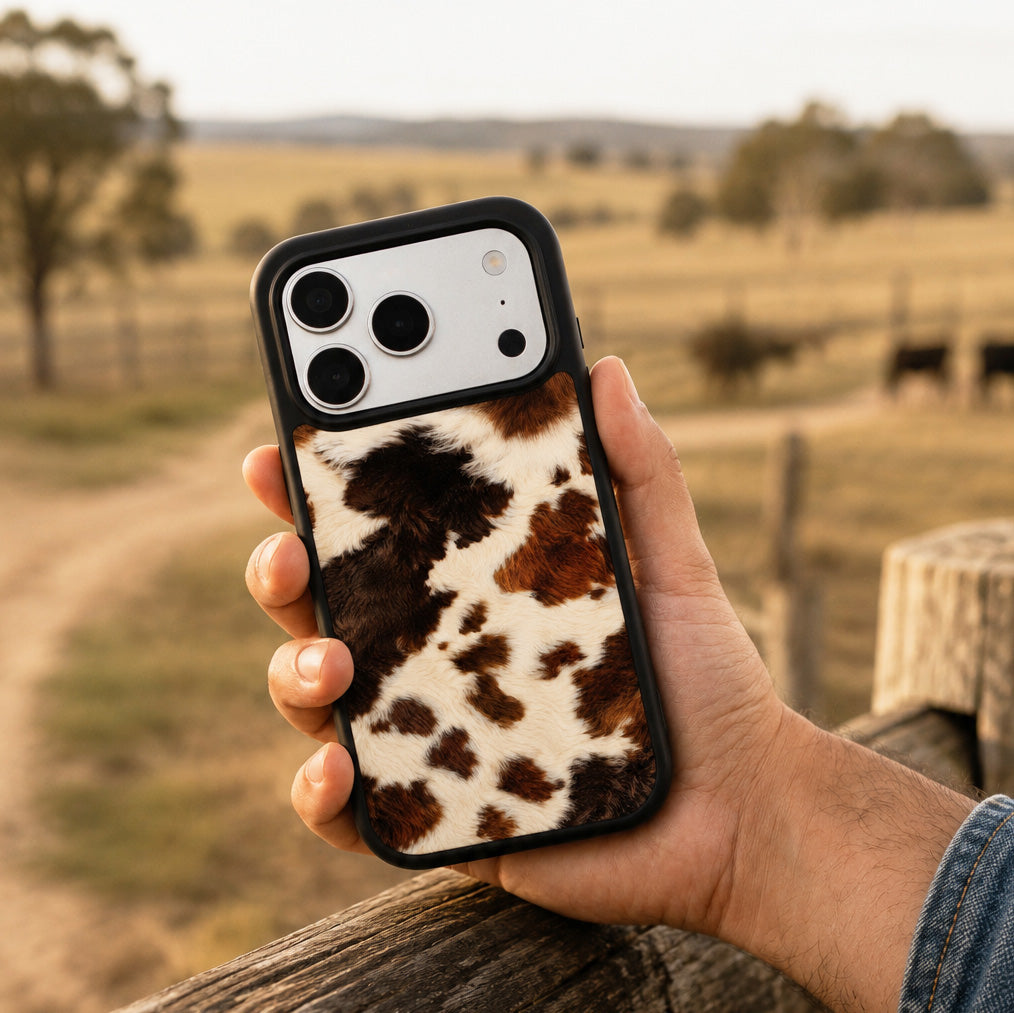 Swiss Cow cowhide designer iPhone 18 Pro Max case held in hand