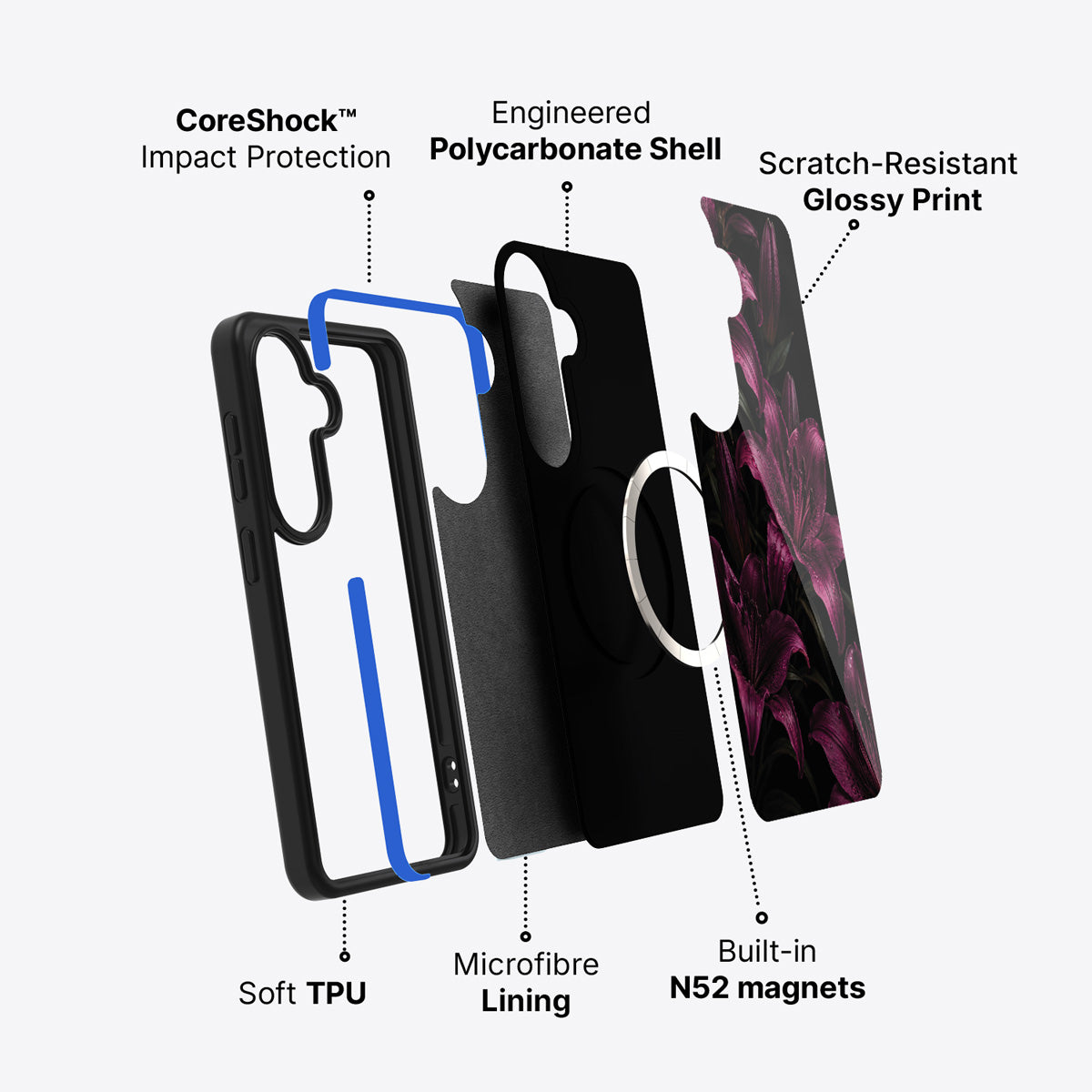 Samsung Galaxy S26 Plus case construction and features – Burgundy Lily phone case