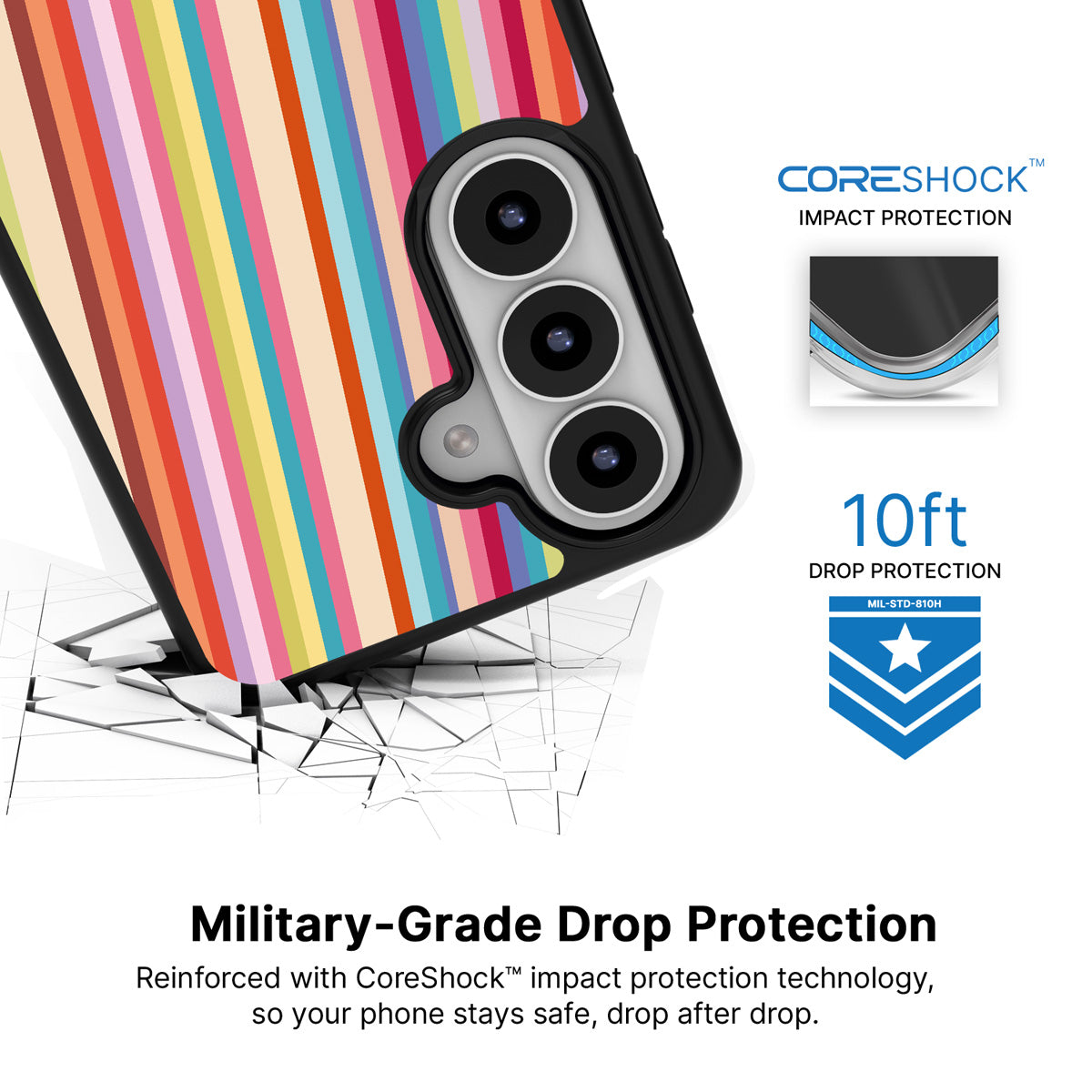 Candy Stripe Samsung Galaxy S26 case with 10ft military-grade drop protection