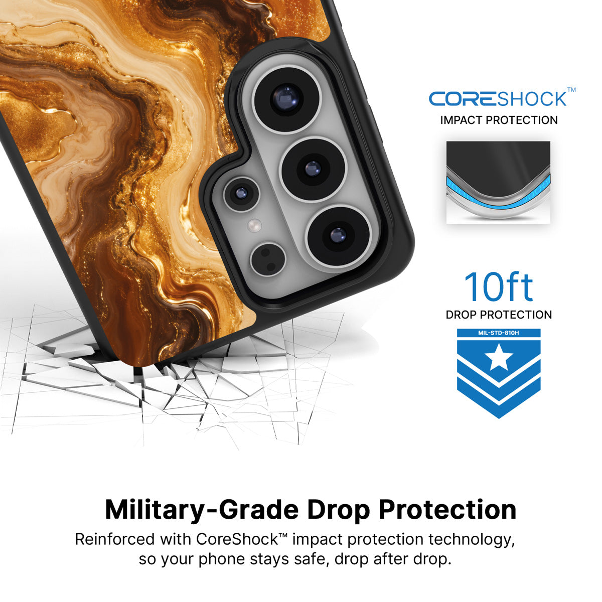 Caramel Swirl Samsung Galaxy S26 Ultra case with 10ft military-grade drop protection