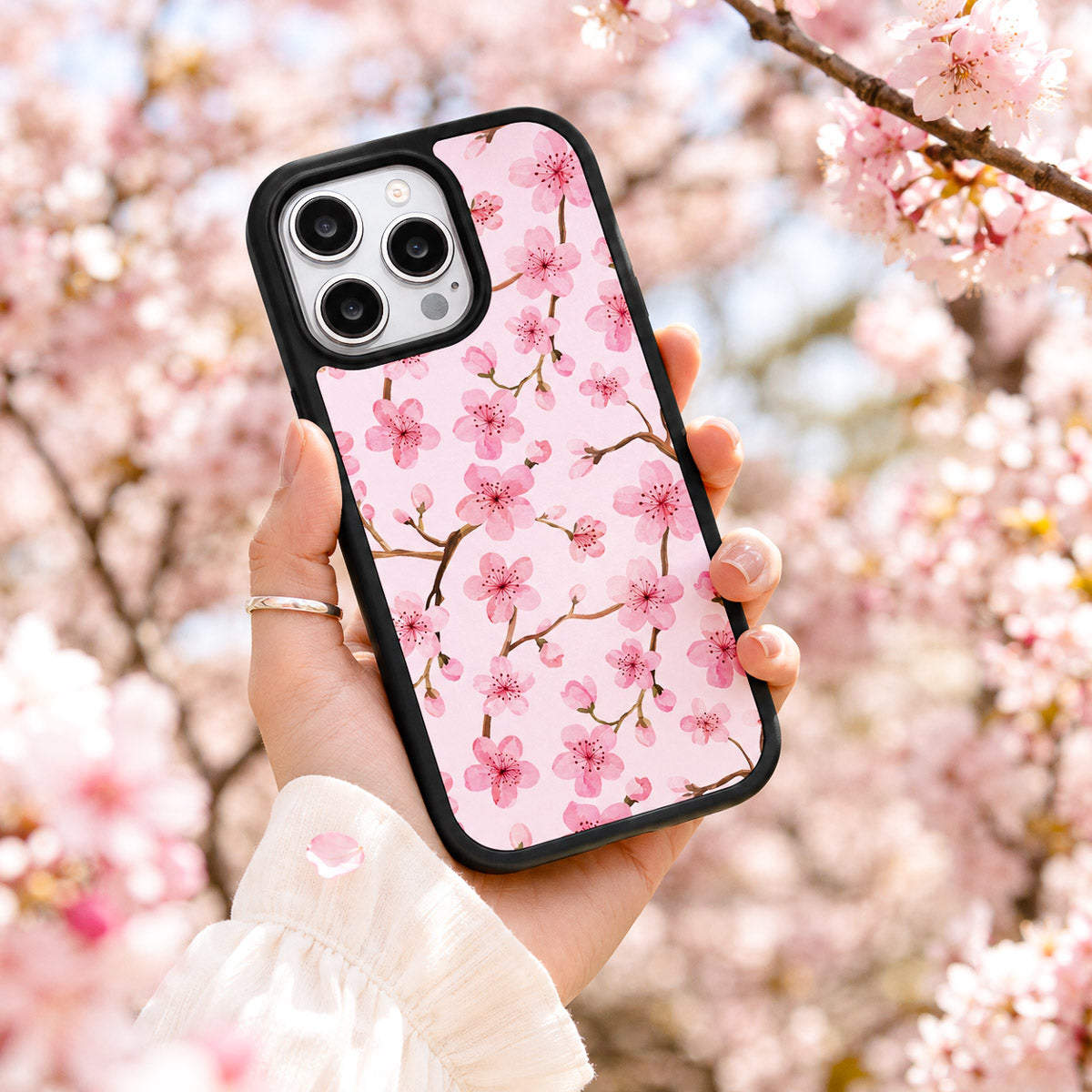 Pink Floral Designer iPhone 15 Pro Case – Cherry Blossom | MagSafe