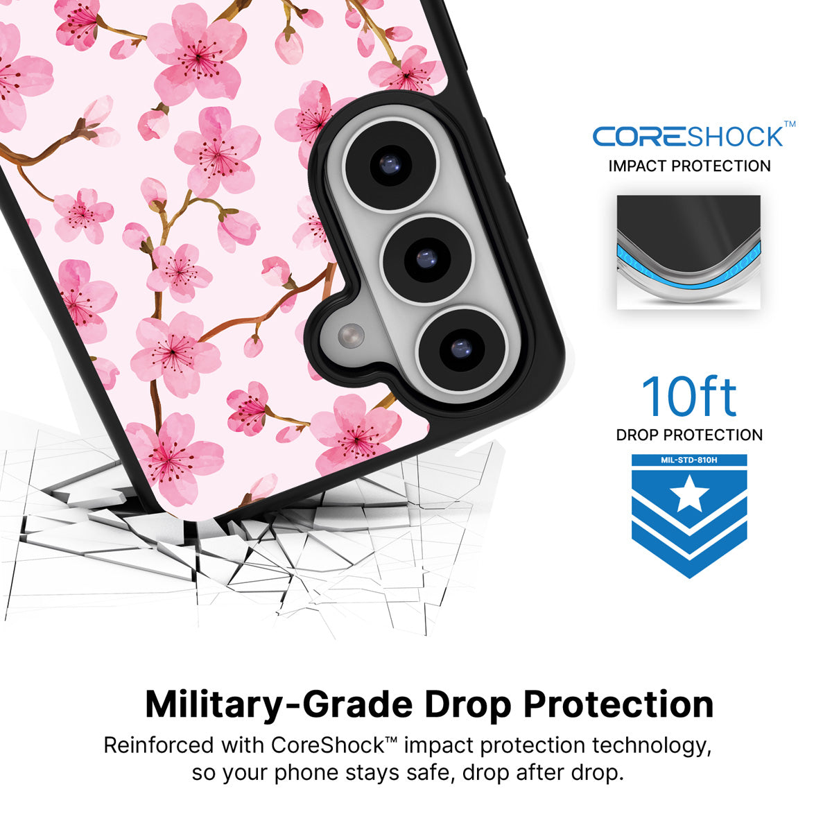 Cherry Blossom Samsung Galaxy S26 case with 10ft military-grade drop protection