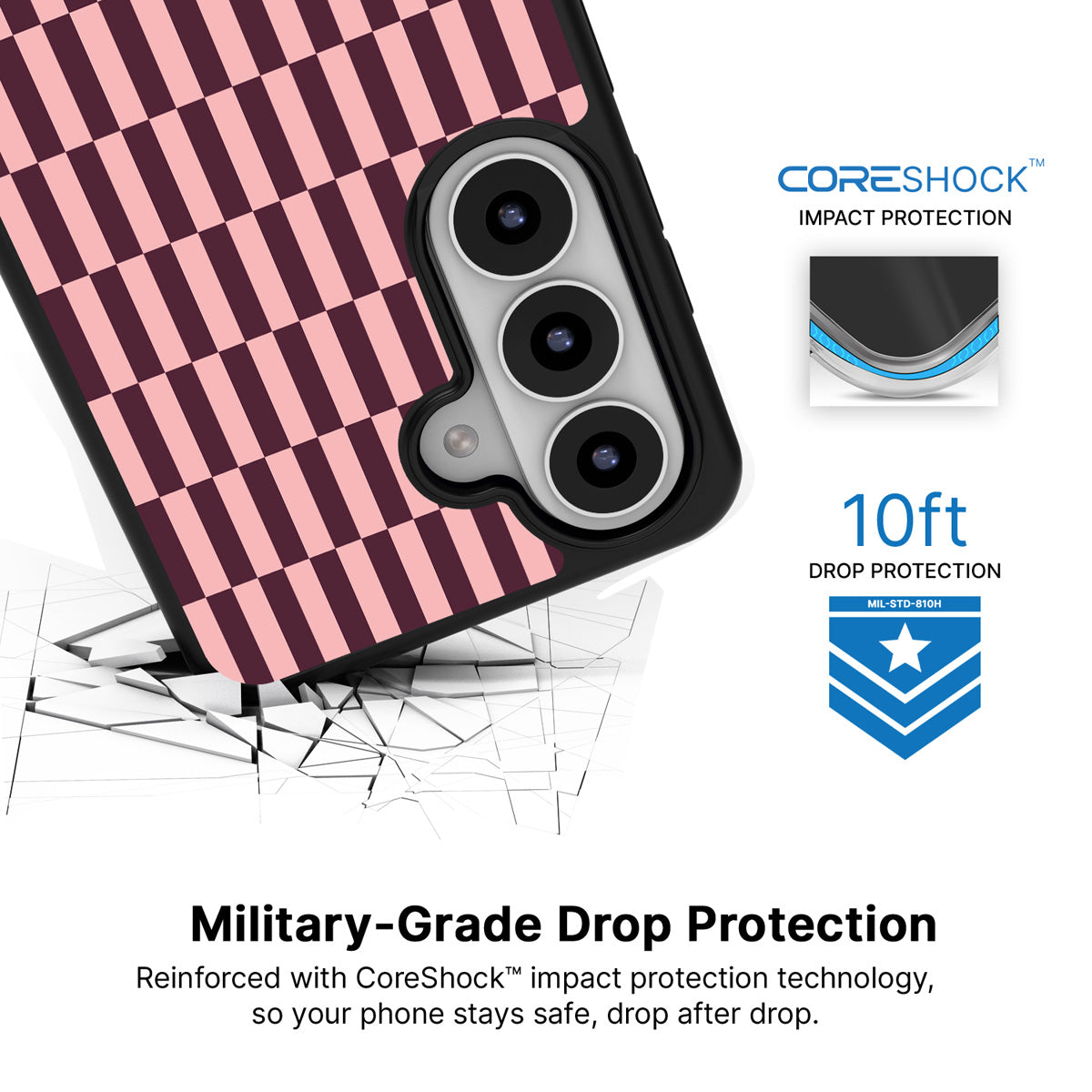 Claret Stack Samsung Galaxy S26 Plus case with 10ft military-grade drop protection