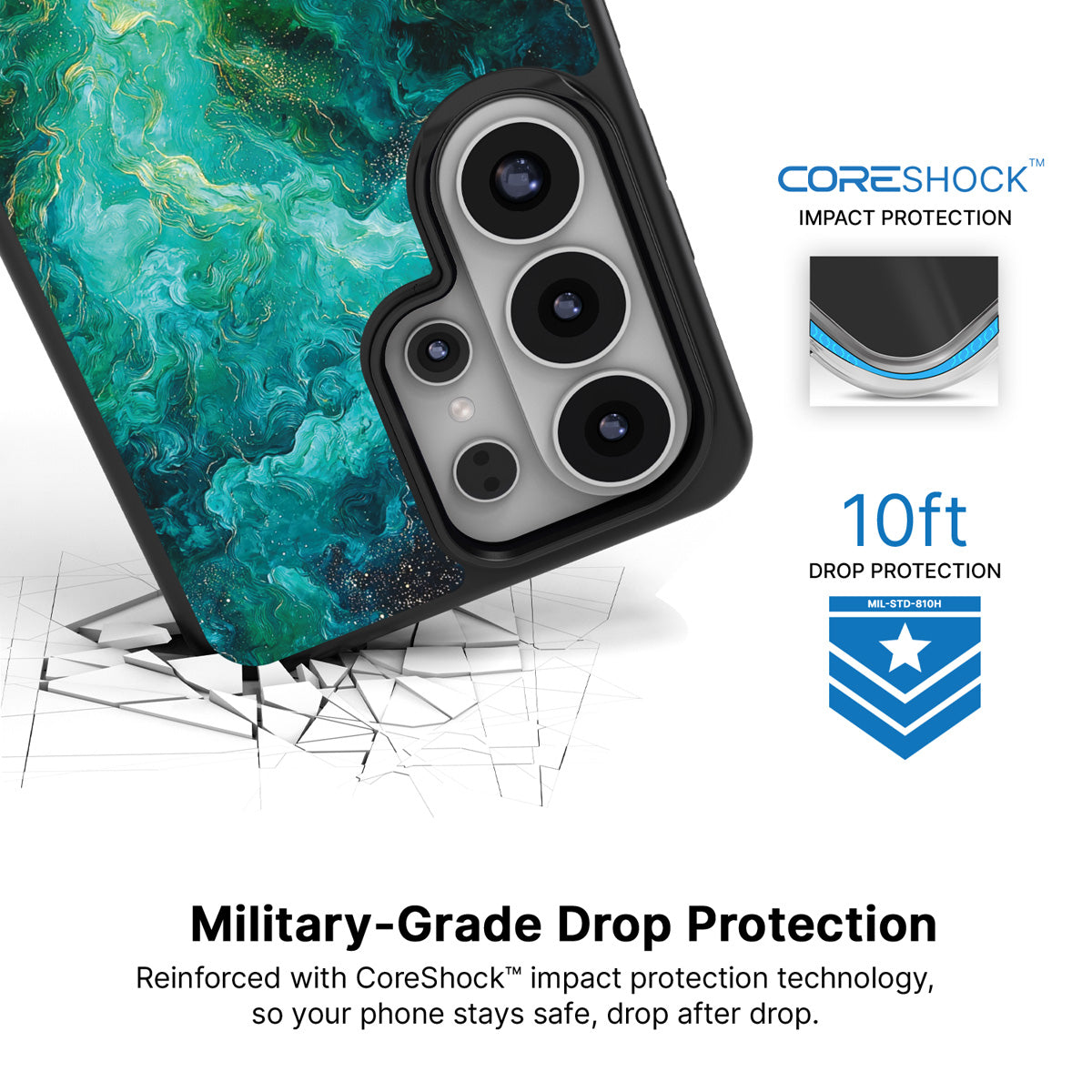 Emerald Storm Samsung Galaxy S26 Ultra case with 10ft military-grade drop protection