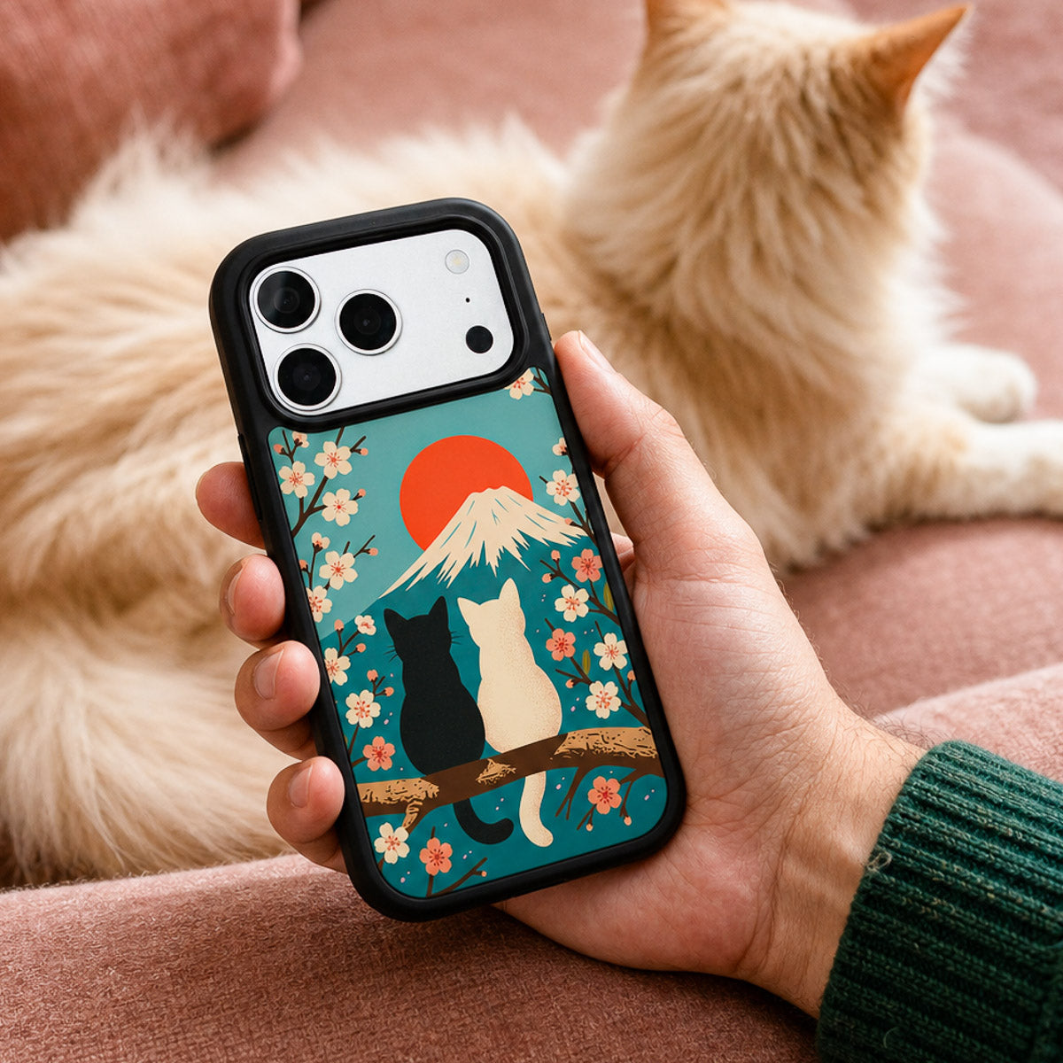 Fuji Cats iPhone 18 Pro case held in hand – lifestyle view