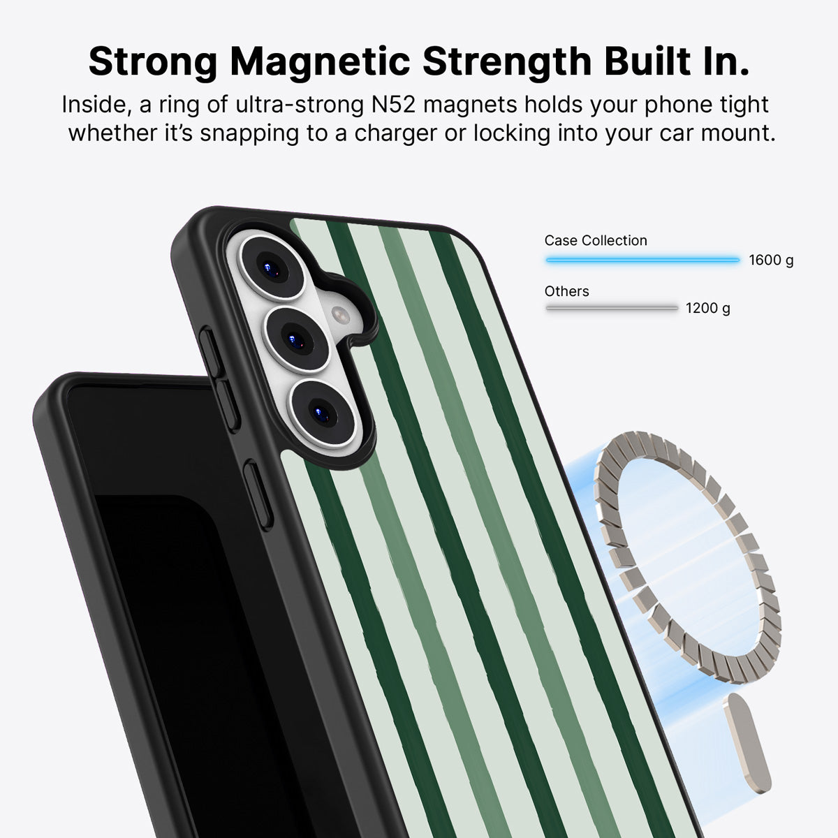 Samsung Galaxy S26 Plus Qi2 magnetic case with N52 magnets – Green Watercolor Stripes design