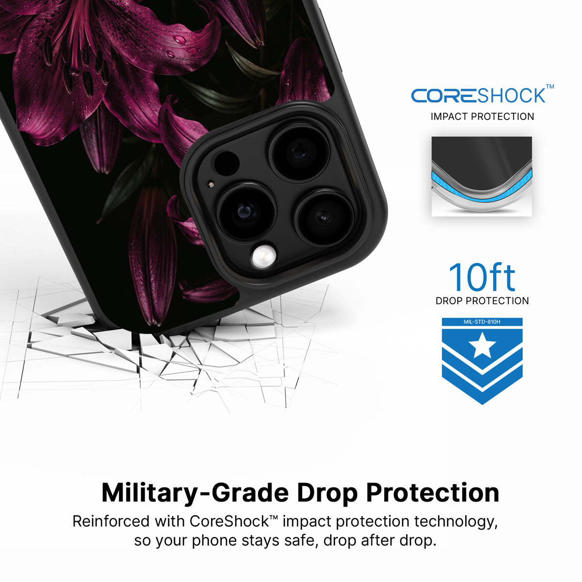 Burgundy Lily iPhone 14 Pro Max case with drop protection