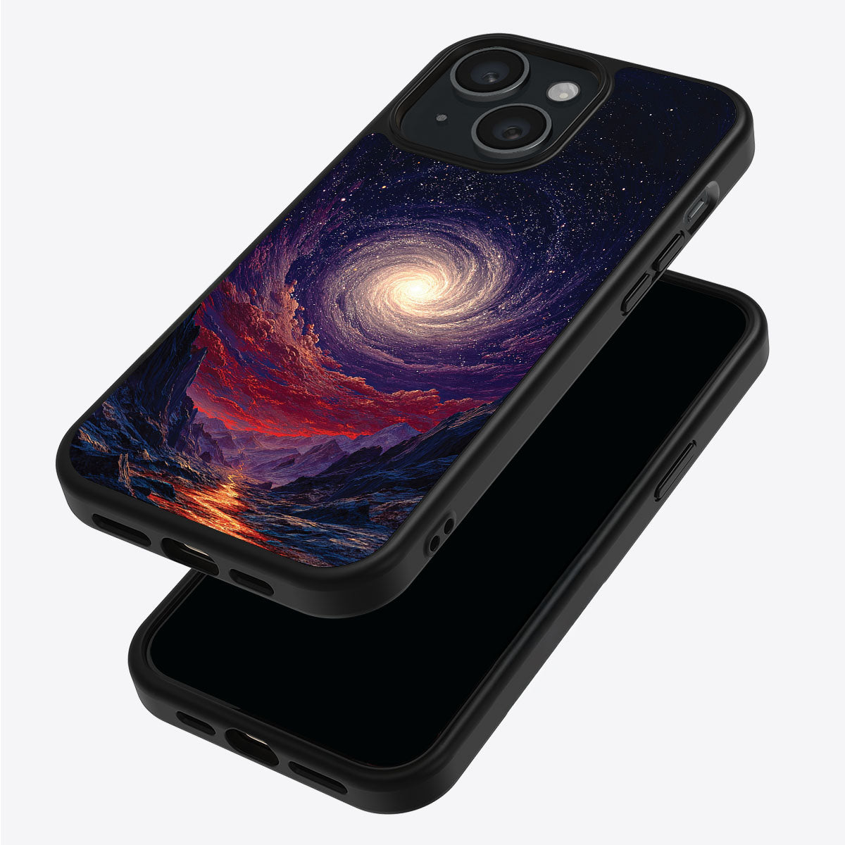 Cosmic Vortex iPhone 15 case – back and side view