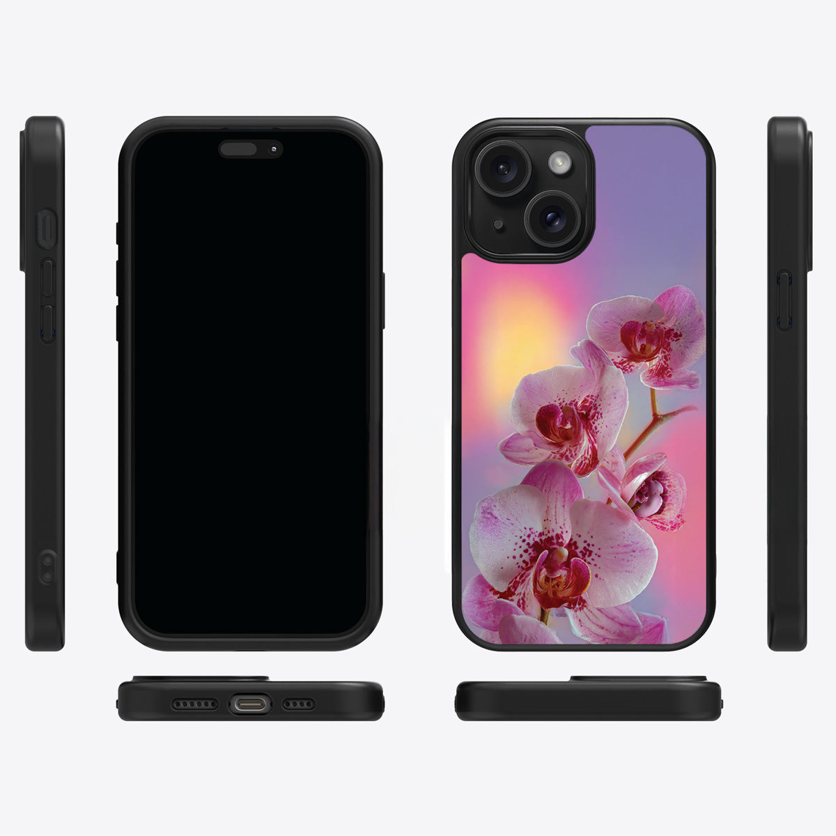 Orchid Dream iPhone 15 case cover – multi-angle view