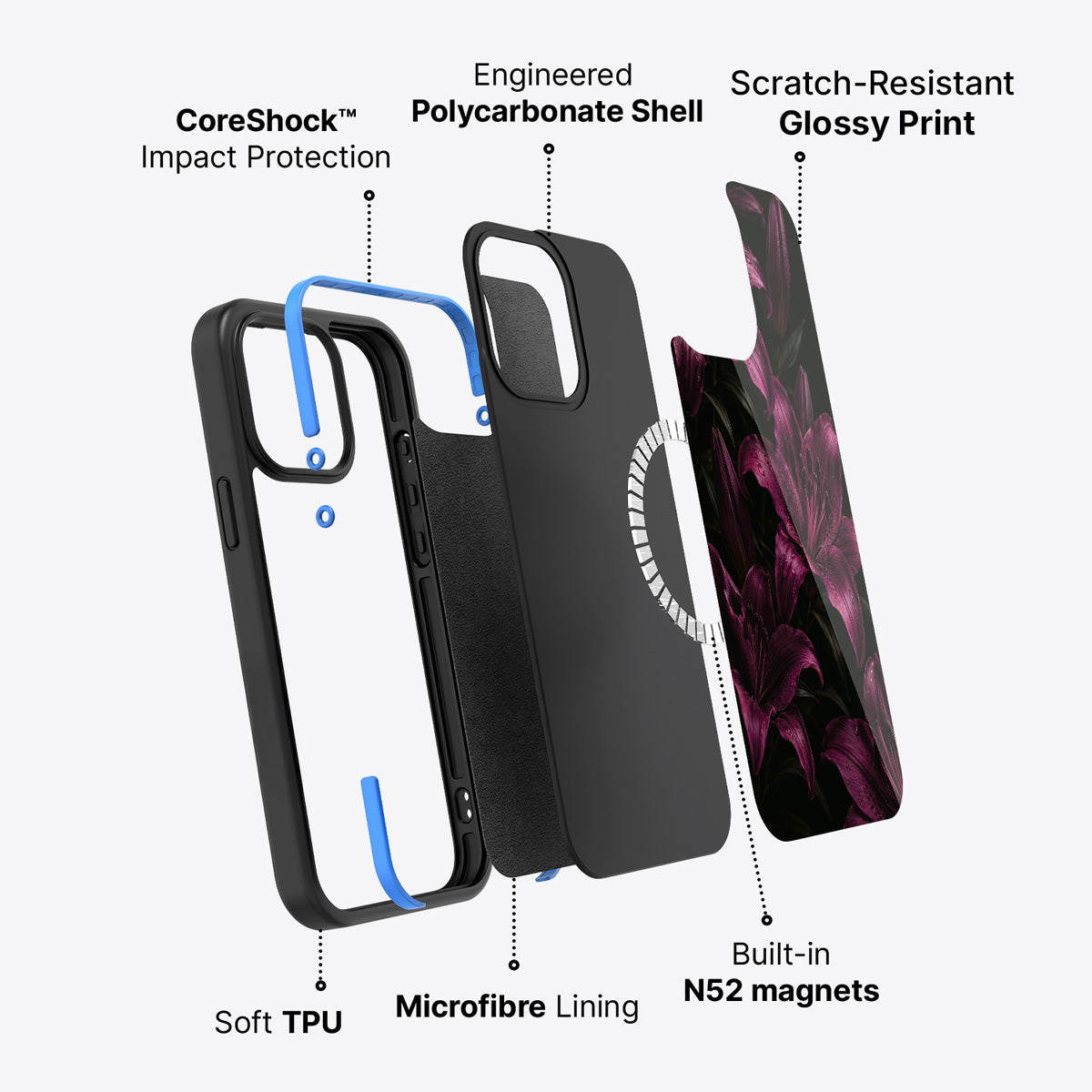 iPhone 15 Plus case construction – Burgundy Lily phone case