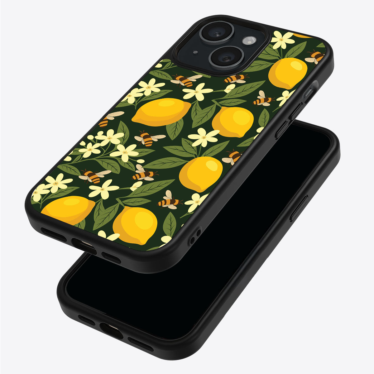 Lemon and Bees iPhone 15 Plus case – back and side view
