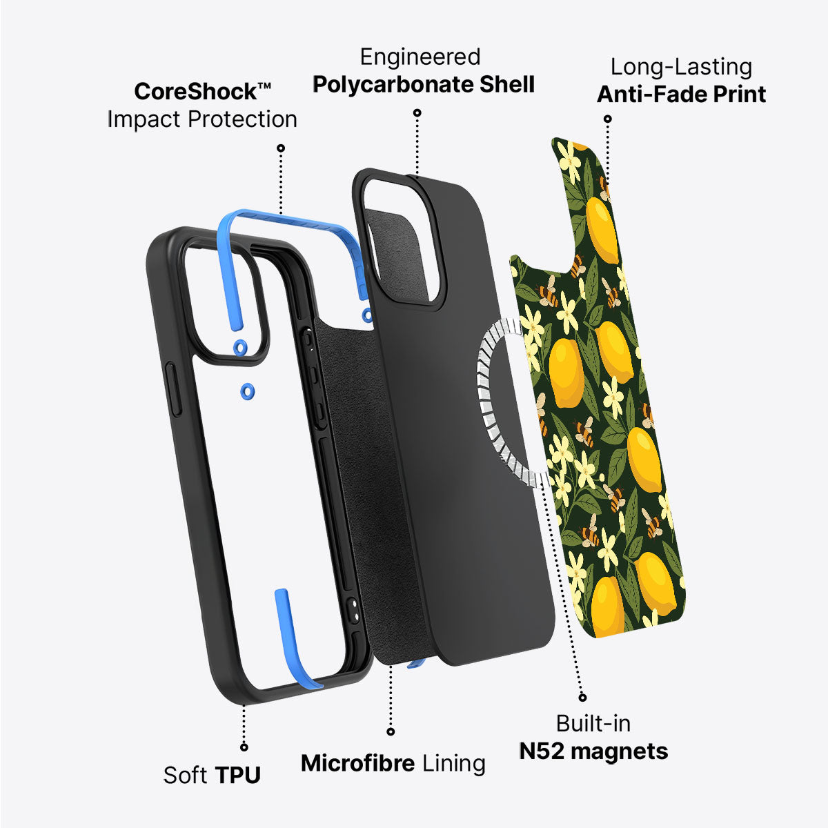 iPhone 15 Plus case construction – Lemon and Bees phone case