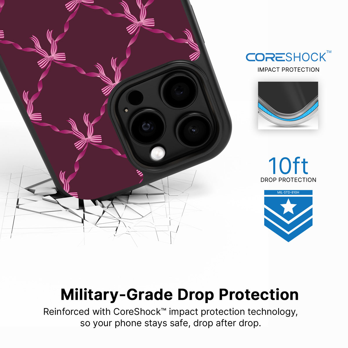 Bordeaux Bow iPhone 15 Pro case with drop protection