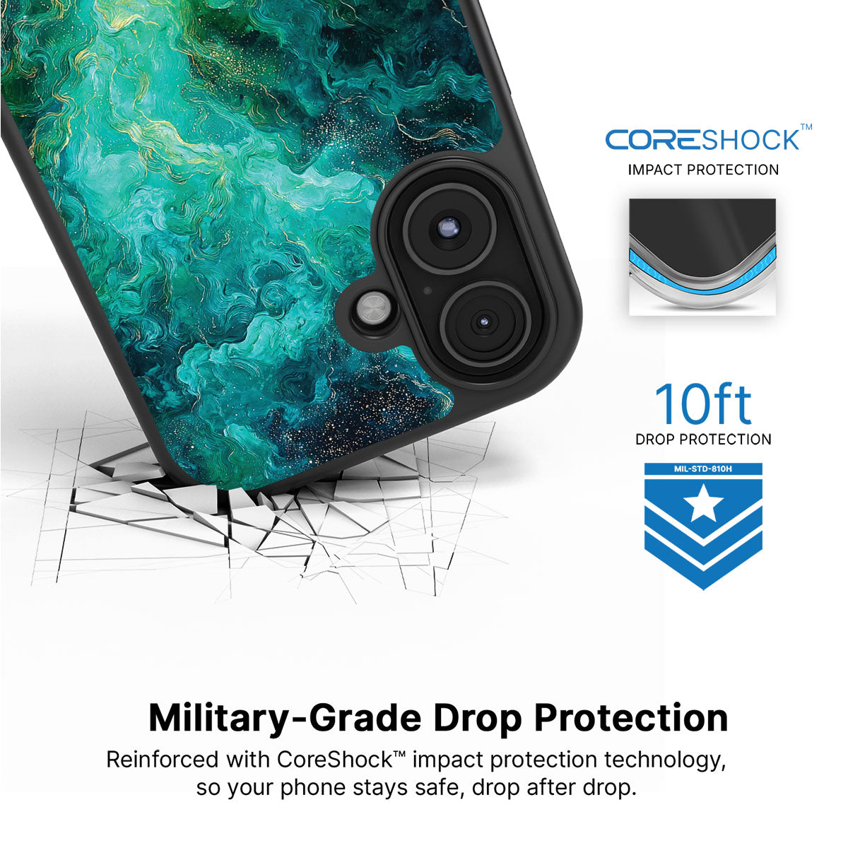 Emerald Storm iPhone 16 case with drop protection