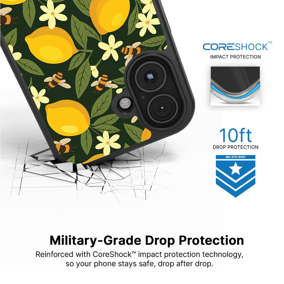 Lemon and Bees iPhone 16 case with drop protection