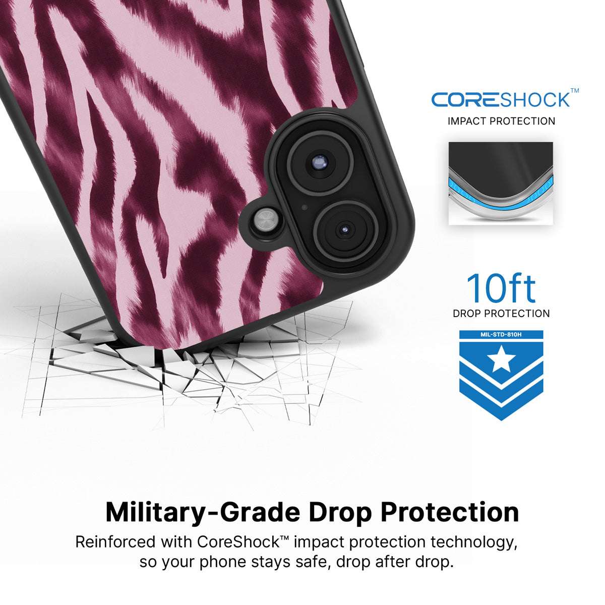 Sangria Zebra iPhone 16 case with drop protection