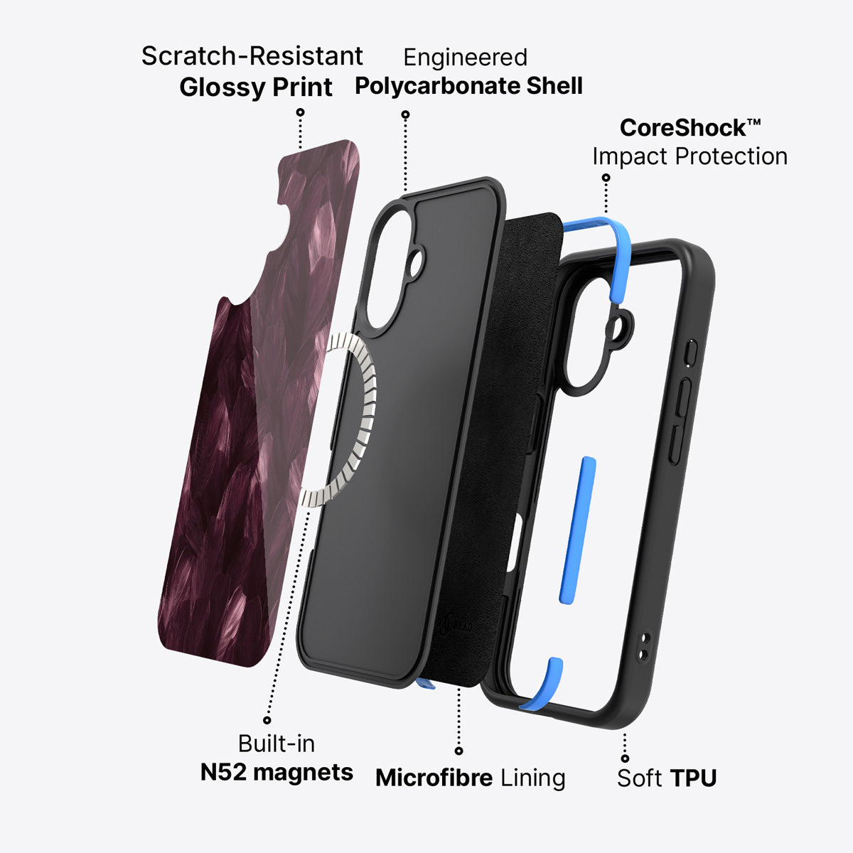 iPhone 16 case construction – Wine Plumage phone case