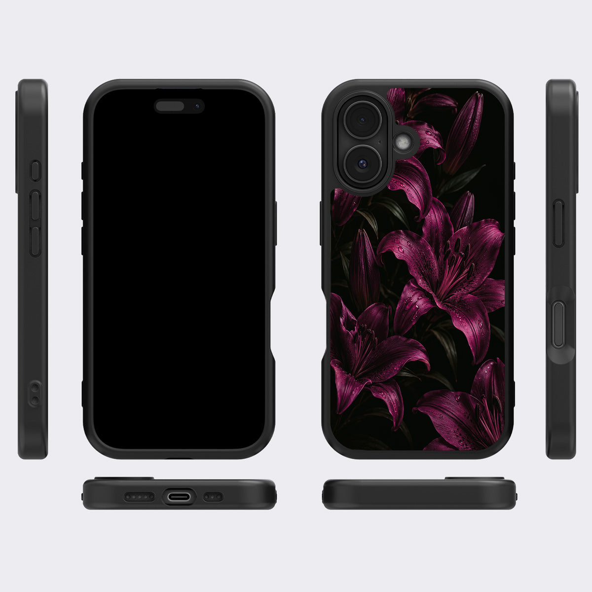 Burgundy Lily iPhone 16 Plus case cover – multi-angle view