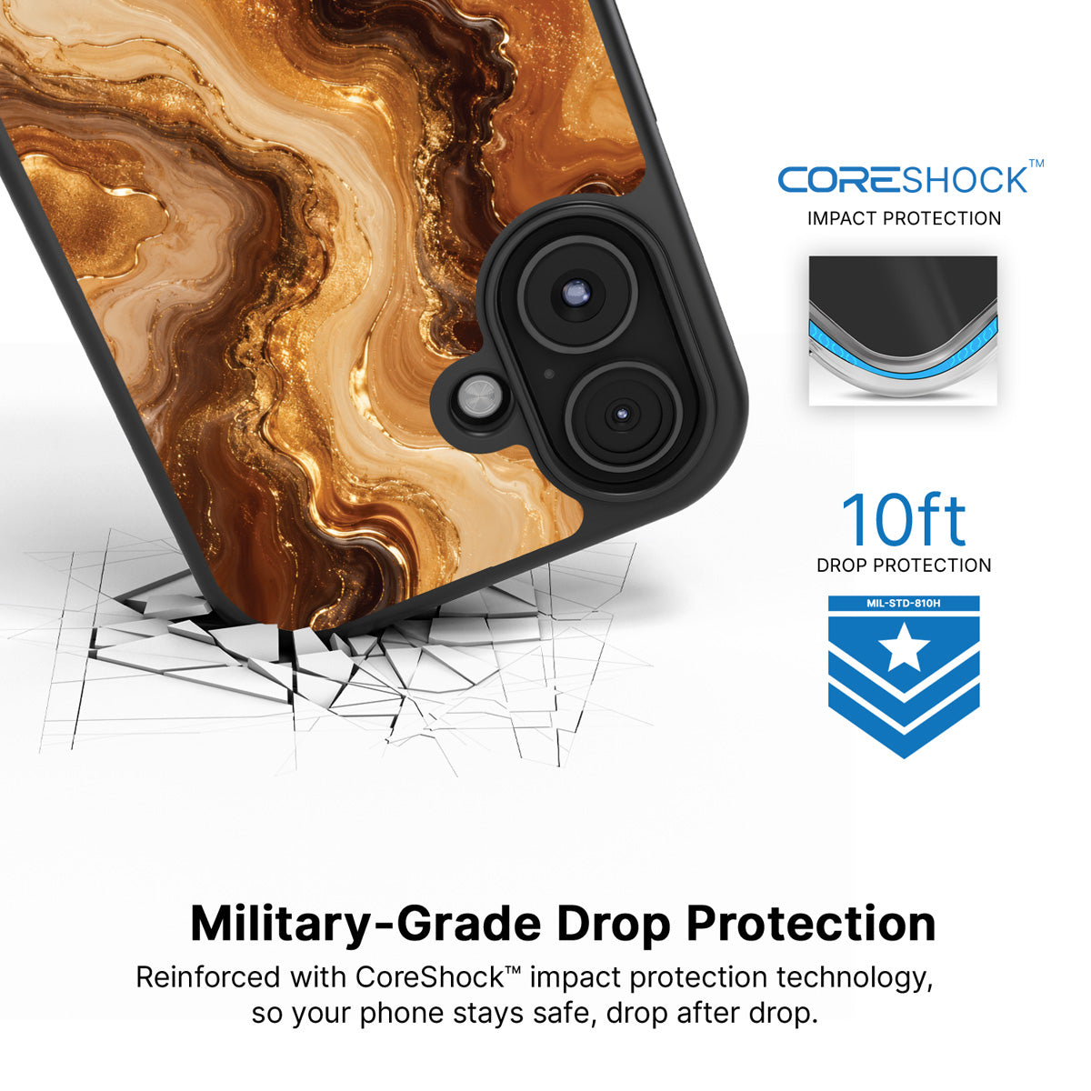 Caramel Swirl iPhone 16 Plus case with drop protection