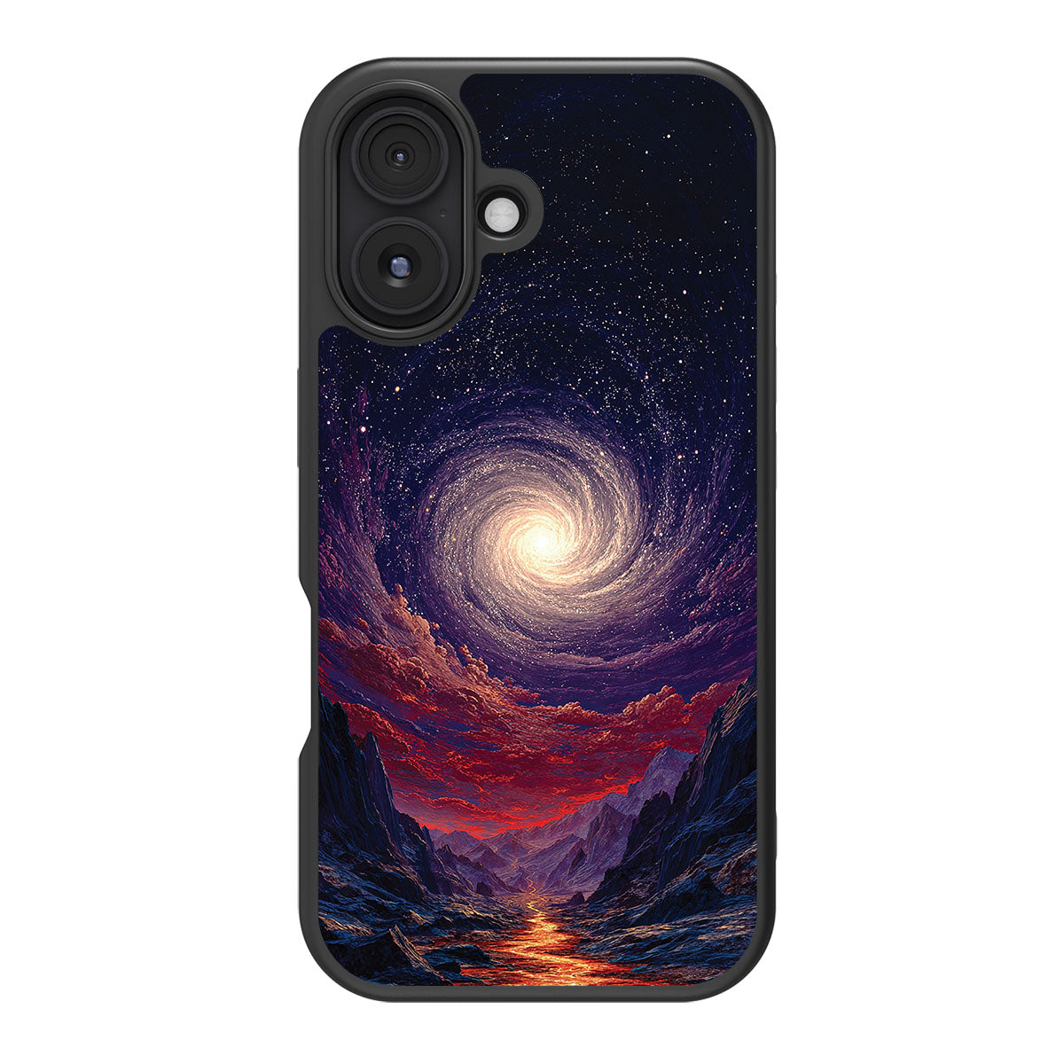 Cosmic Vortex design back view – iPhone 16 Plus case