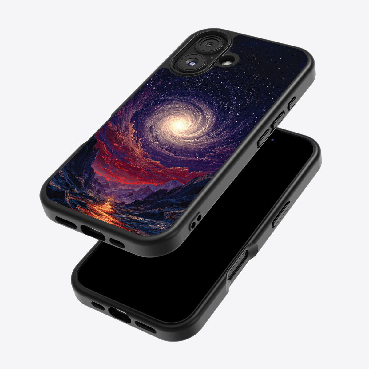 Cosmic Vortex iPhone 16 Plus case – back and side view