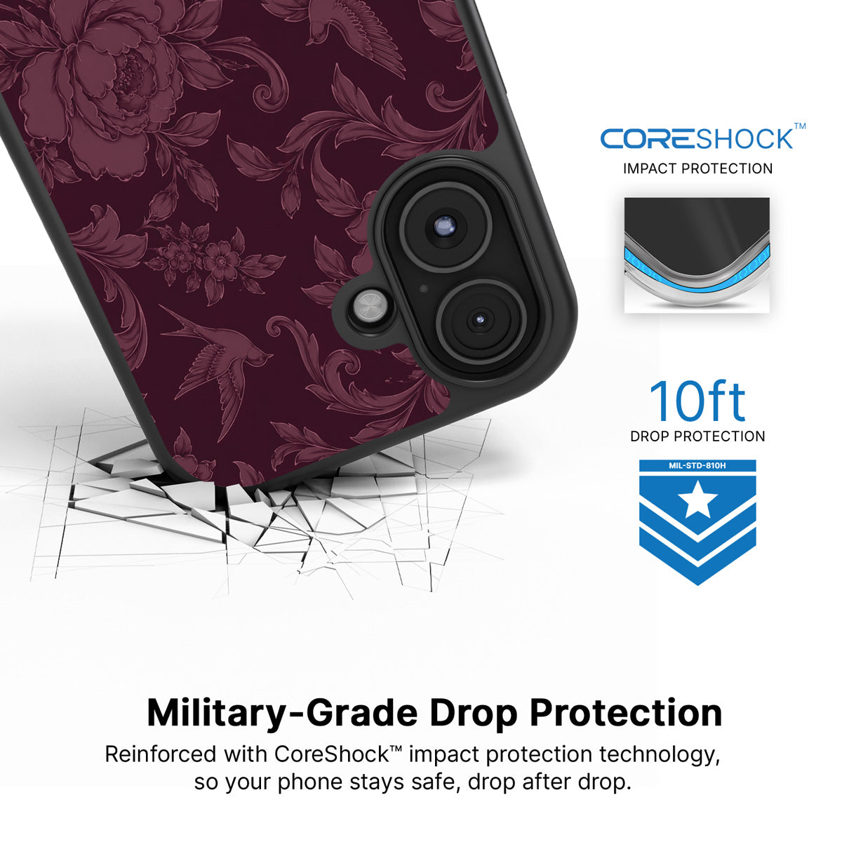 Swallow Damask iPhone 16 Plus case with drop protection
