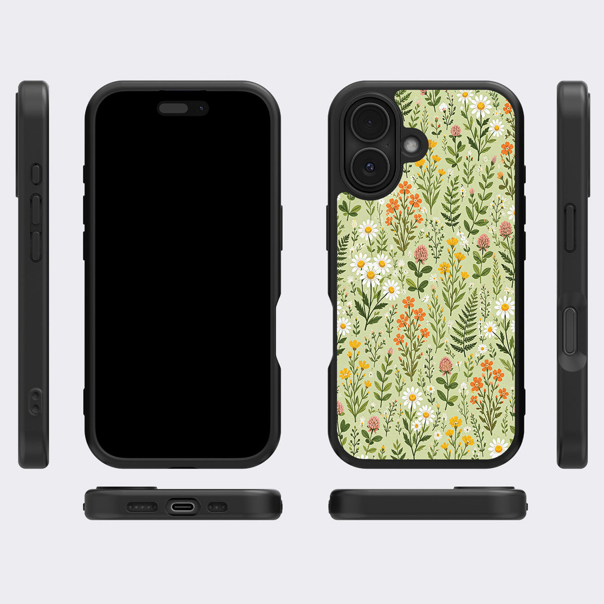 Wildflower Meadow iPhone 16 Plus case cover – multi-angle view