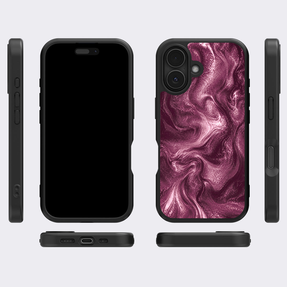Wine Shimmer iPhone 16 Plus case cover – multi-angle view