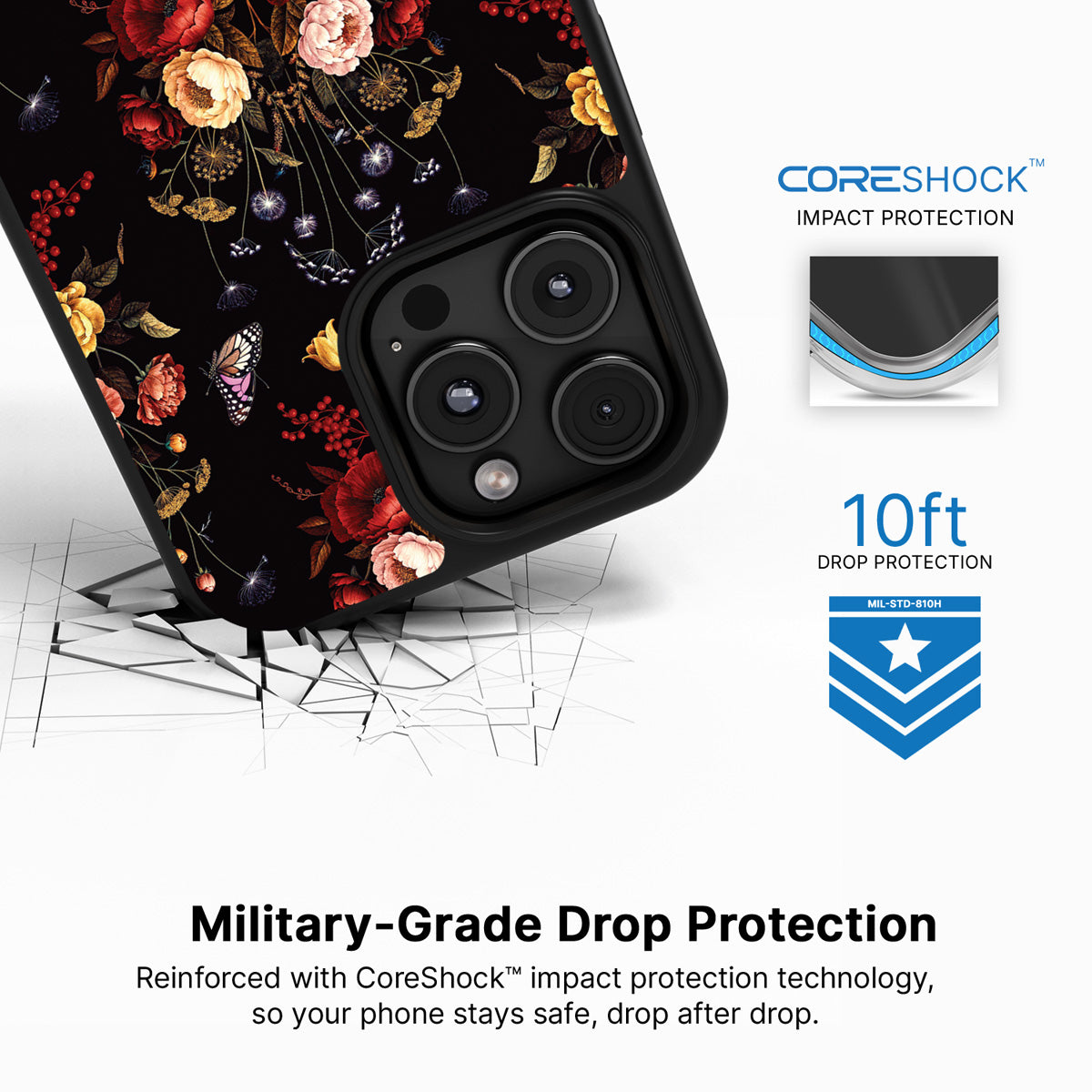 Kelmscott Bloom iPhone 16 Pro case with drop protection