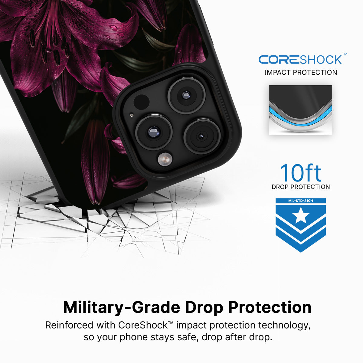 Burgundy Lily iPhone 16 Pro Max case with drop protection