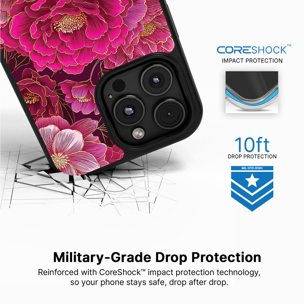 Pink Reverie iPhone 16 Pro Max case with drop protection