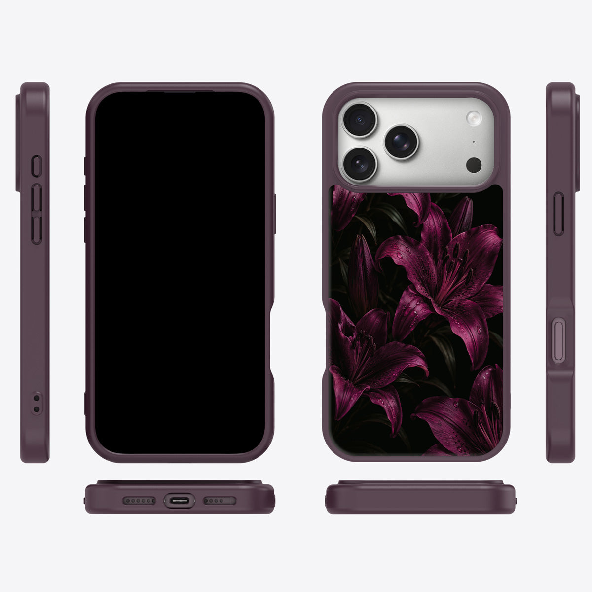 Burgundy Lily iPhone 17 Pro Max case cover – multi-angle view