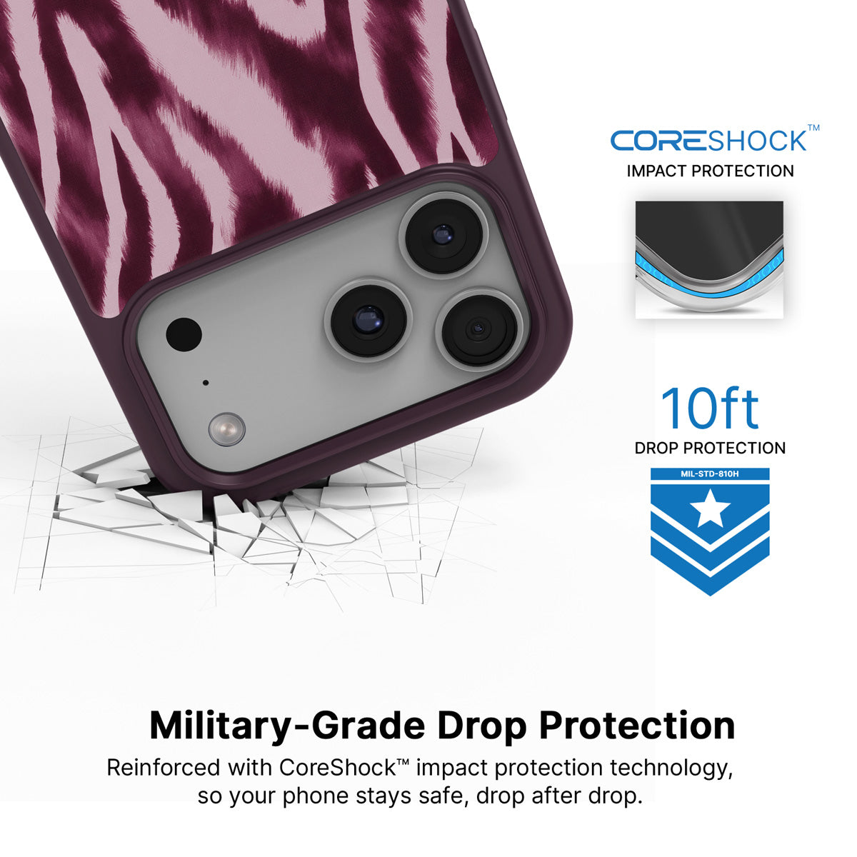 Sangria Zebra iPhone 18 Pro case with drop protection