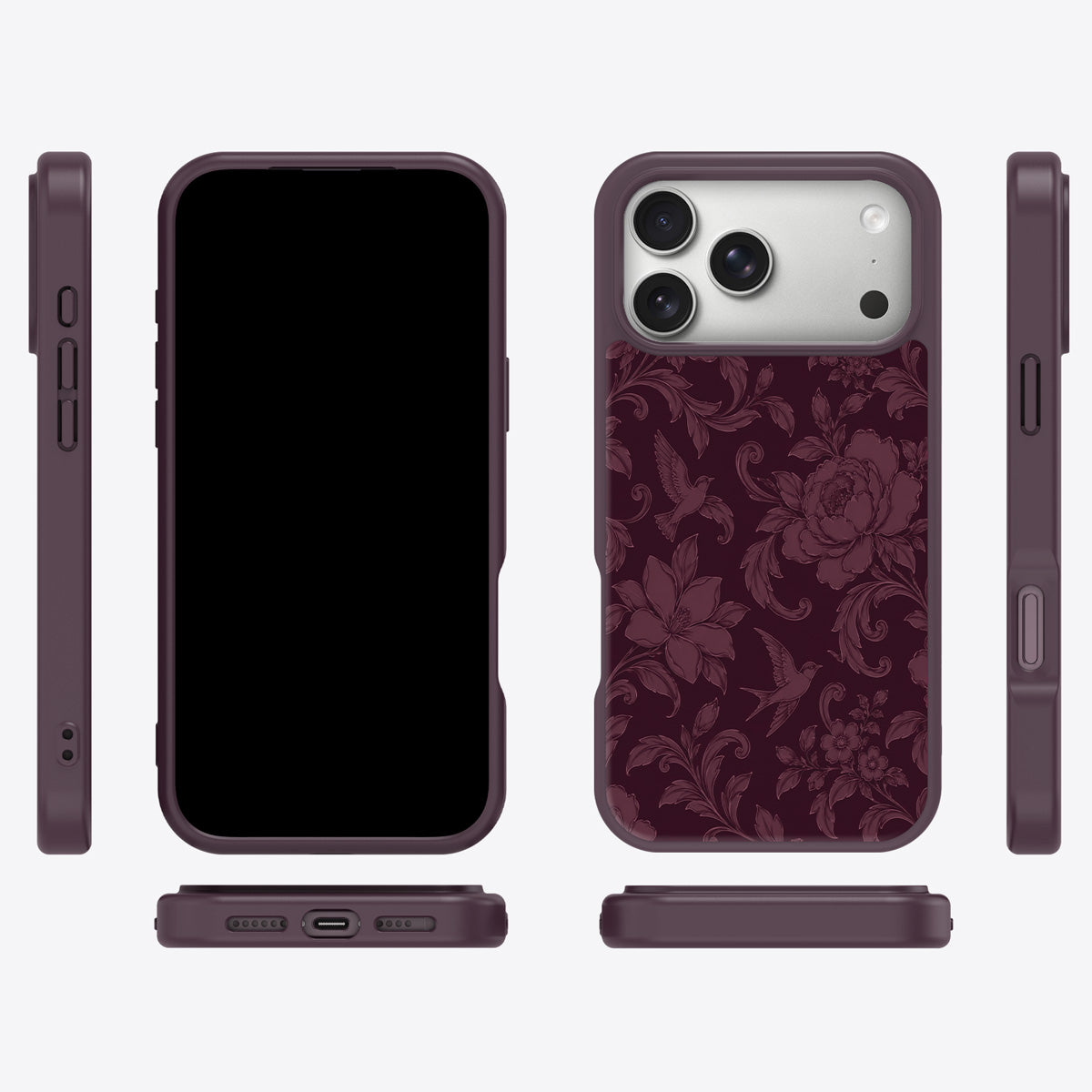 Swallow Damask iPhone 18 Pro case cover – multi-angle view