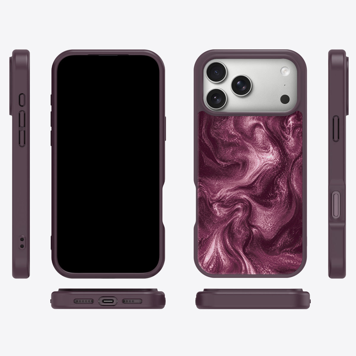 Wine Shimmer iPhone 18 Pro case cover – multi-angle view