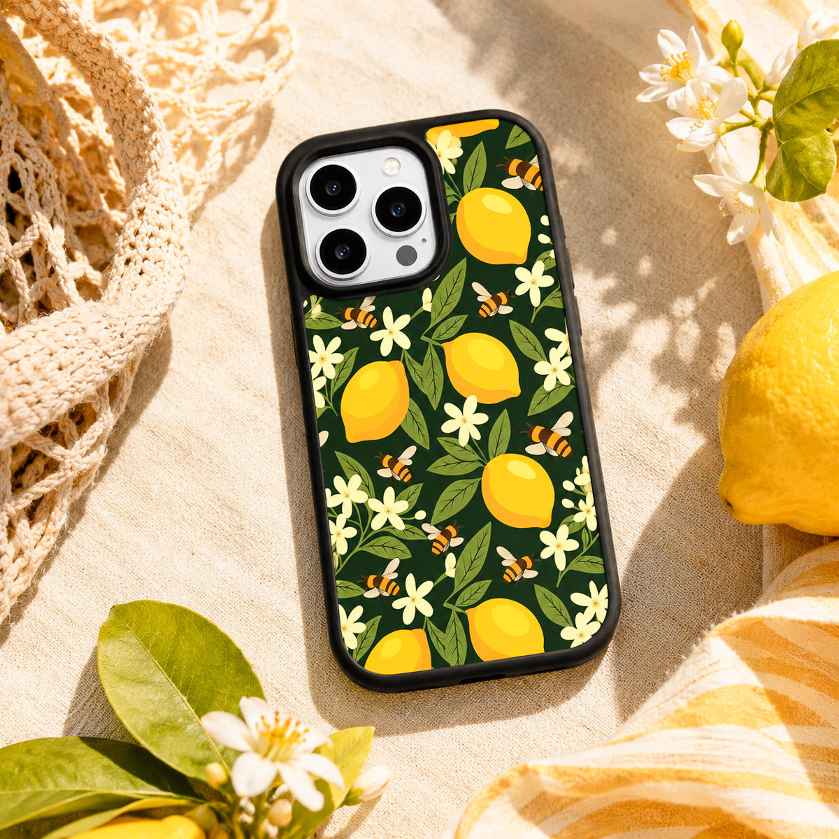 Cute Floral Designer iPhone 15 Pro Case – Lemon and Bees | MagSafe