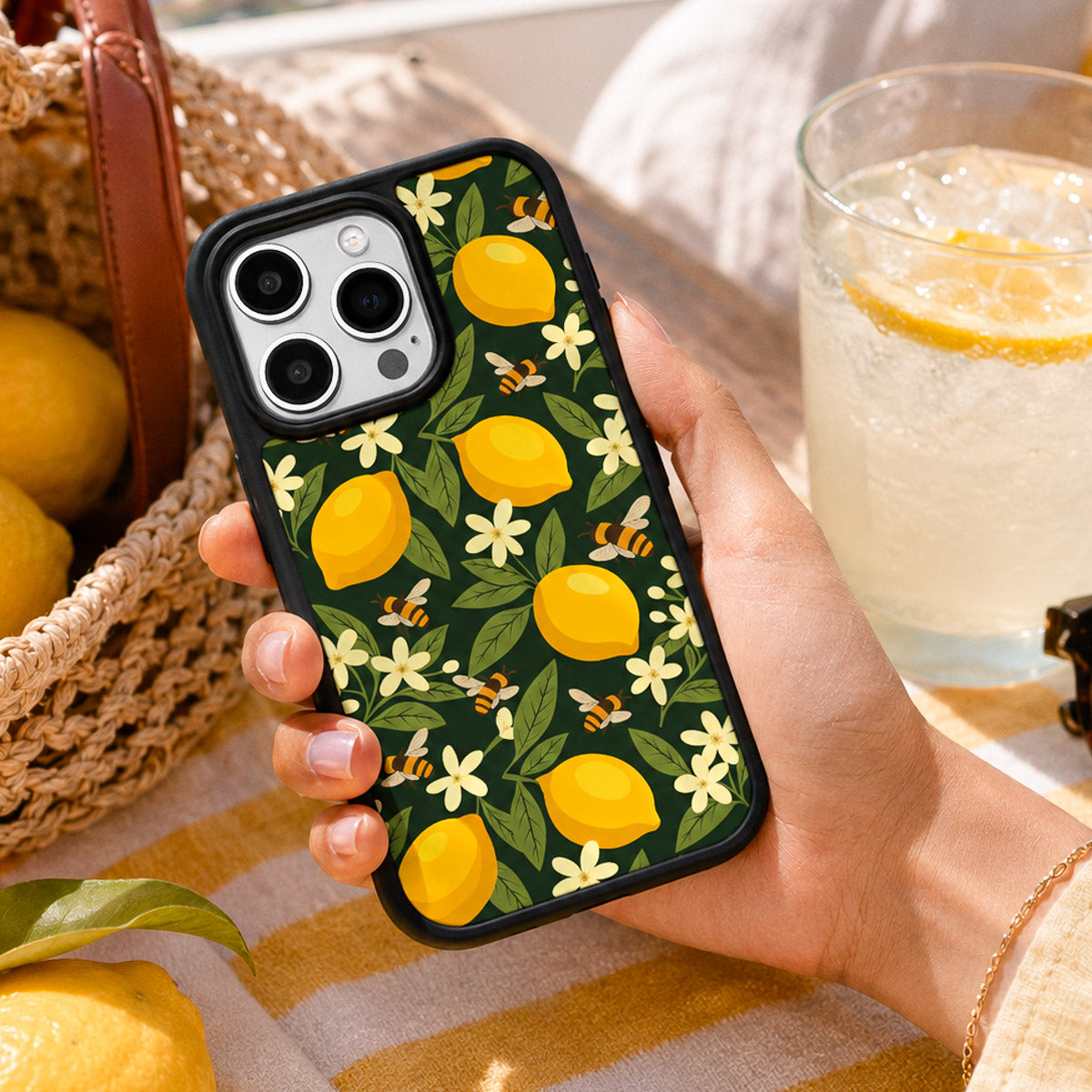 Cute Floral Designer iPhone 16 Pro Case – Lemon and Bees | MagSafe — view 2