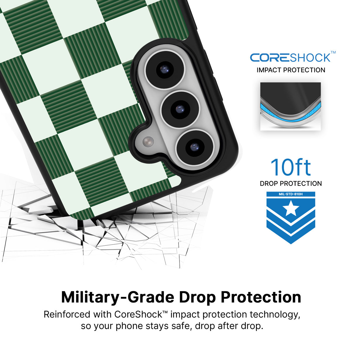 Luxe Emerald Samsung Galaxy S26 Plus case with 10ft military-grade drop protection