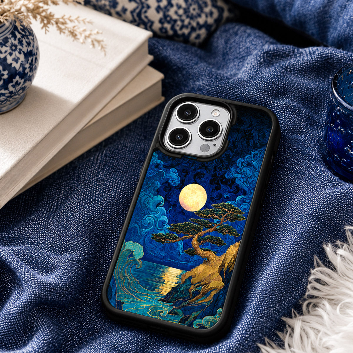 Dark Blue Designer iPhone 15 Pro Max Case – Moonlit Tide | MagSafe