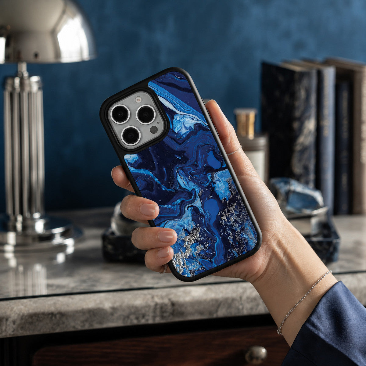 Navy Blue Designer iPhone 15 Pro Case – Mystic Waters | MagSafe — view 2