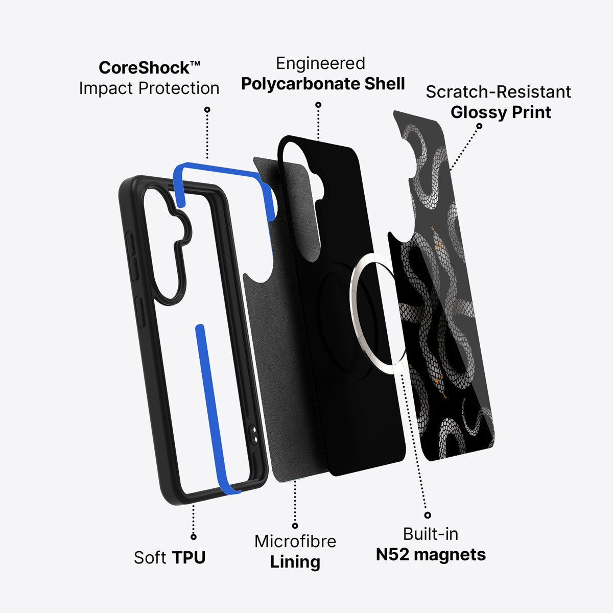 Samsung Galaxy S26 case construction and features – Noir Serpent phone case