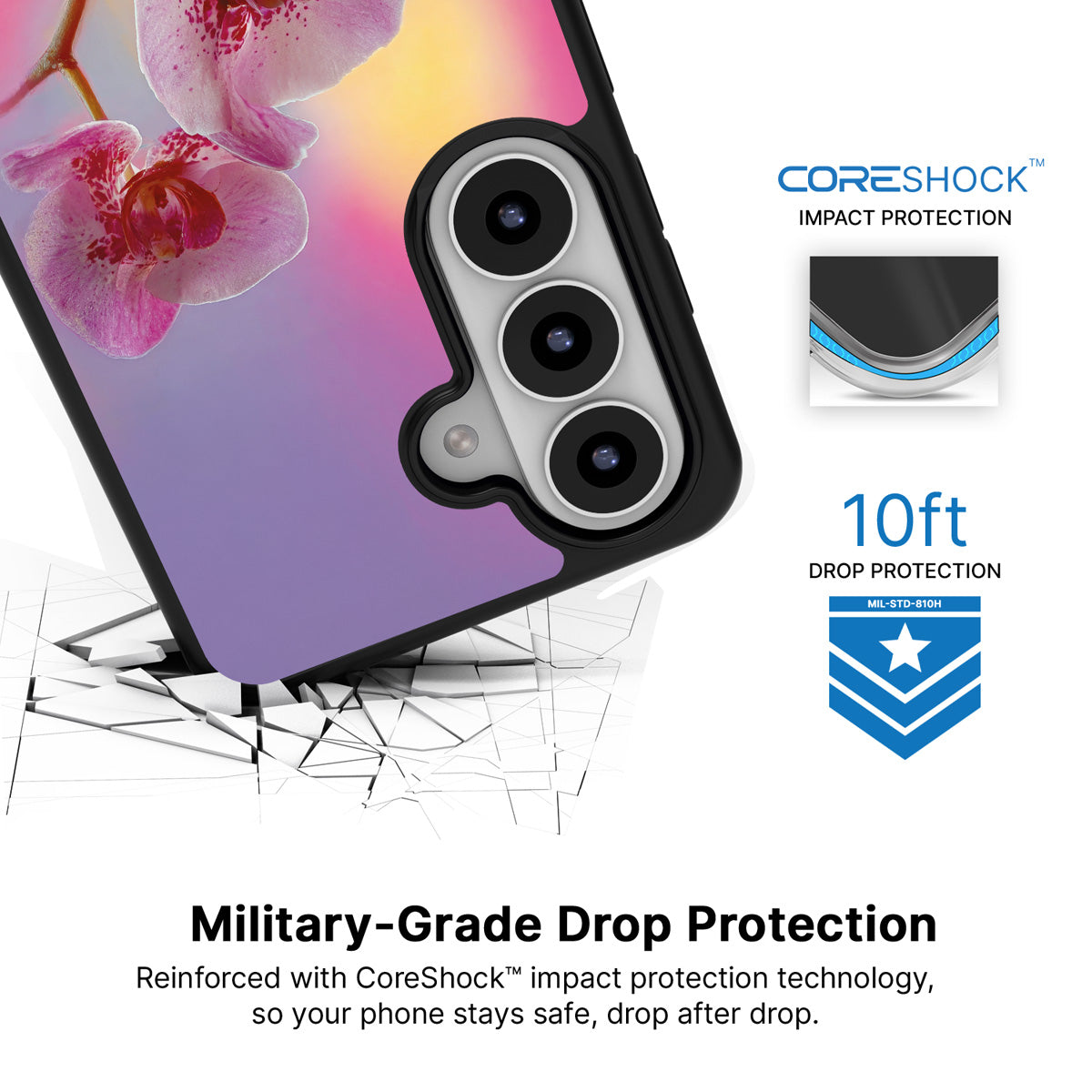 Orchid Dream Samsung Galaxy S26 Plus case with 10ft military-grade drop protection