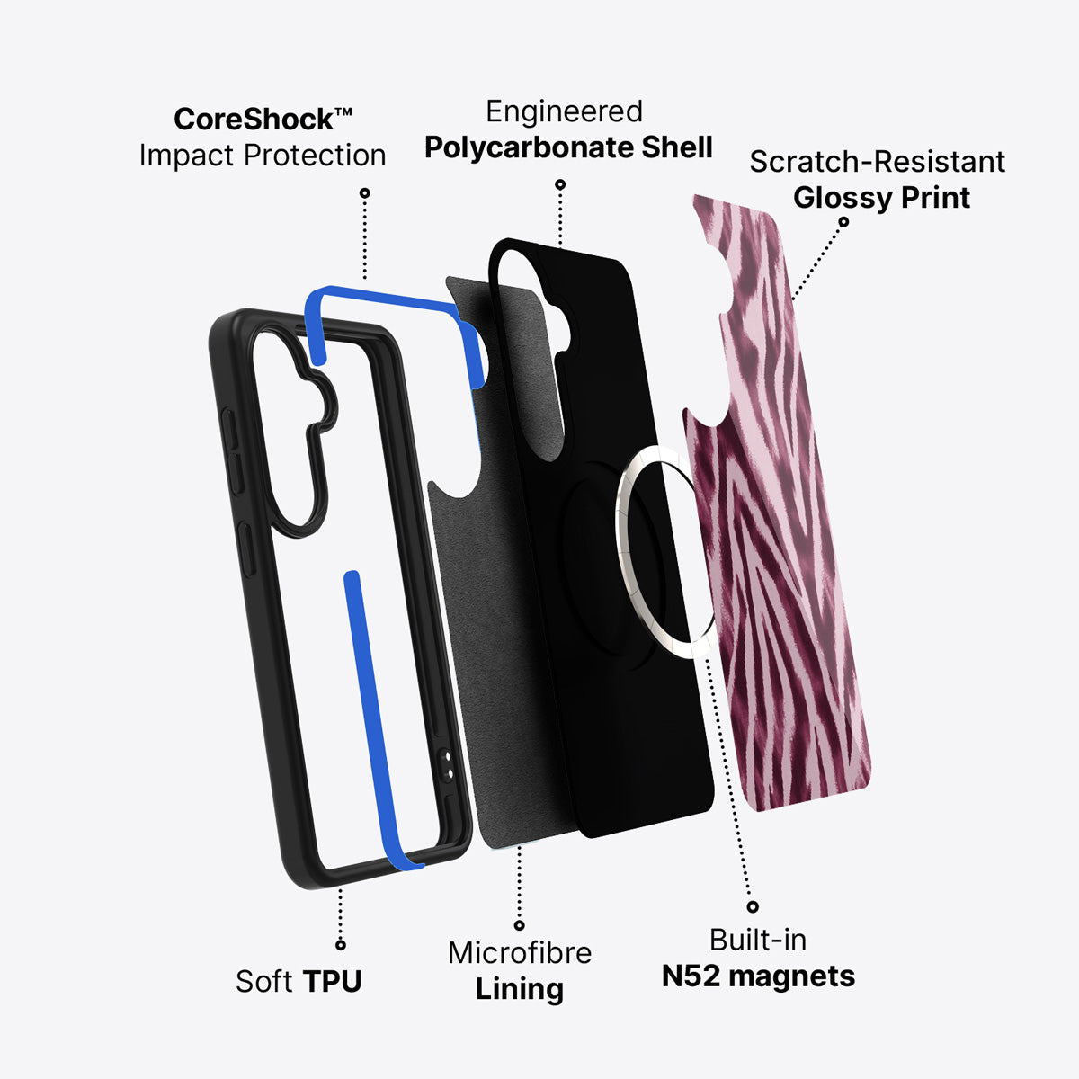 Samsung Galaxy S26 Plus case construction and features – Sangria Zebra phone case