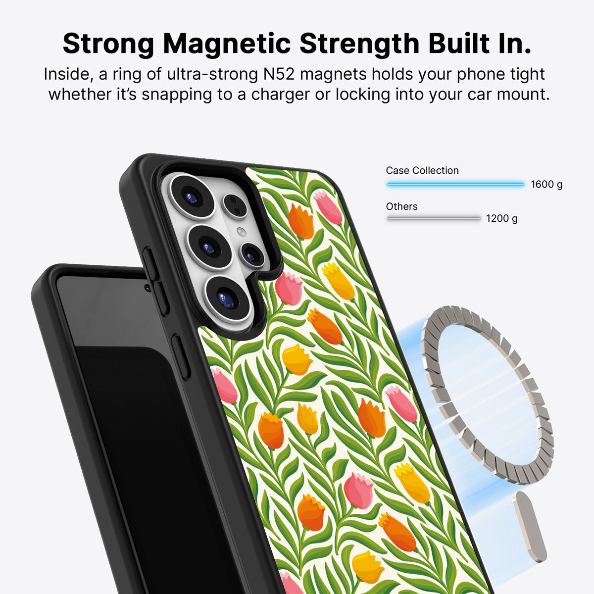 Samsung Galaxy S26 Ultra Qi2 magnetic case with N52 magnets – Spring Tulips design