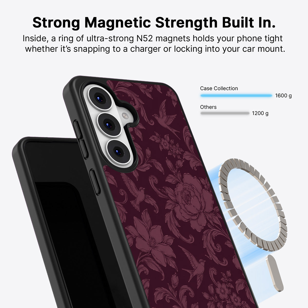 Samsung Galaxy S26 Qi2 magnetic case with N52 magnets – Swallow Damask design