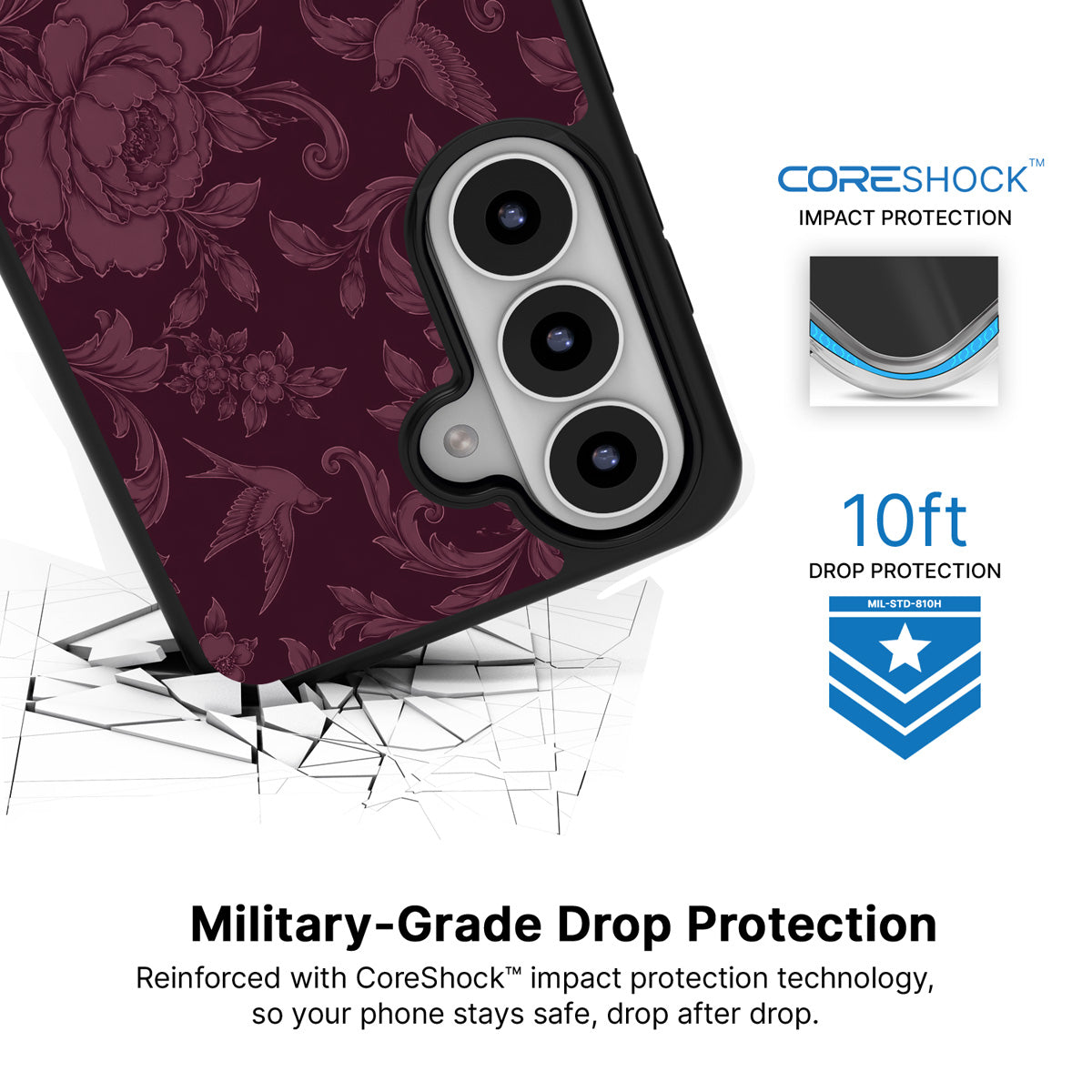 Swallow Damask Samsung Galaxy S26 case with 10ft military-grade drop protection