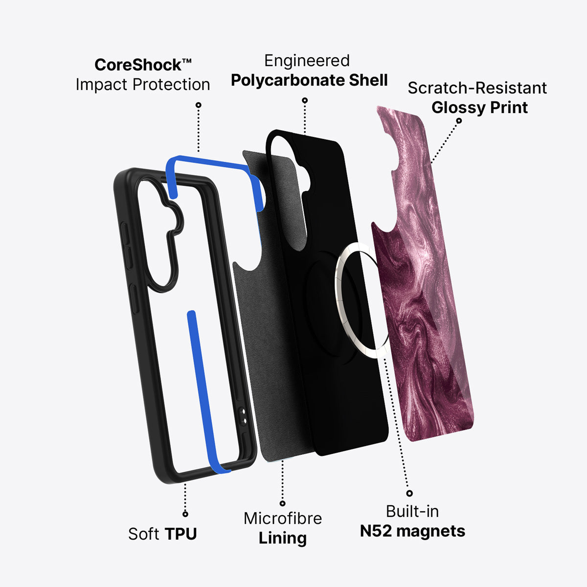 Samsung Galaxy S26 case construction and features – Wine Shimmer phone case