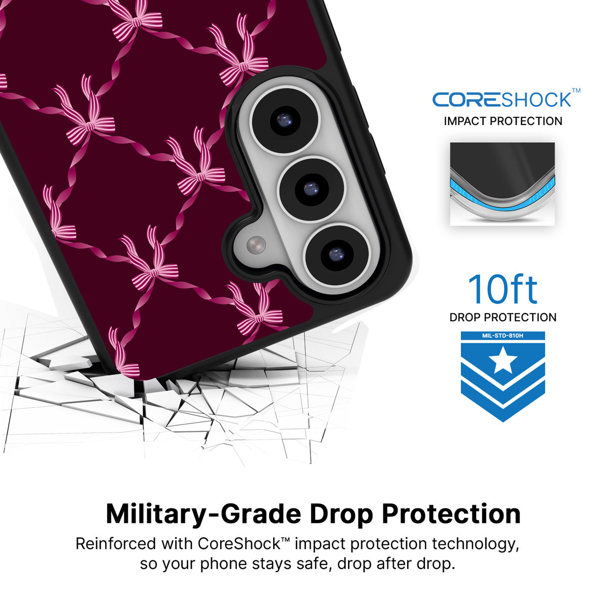 Bordeaux Bow Samsung Galaxy S26 case with 10ft military-grade drop protection
