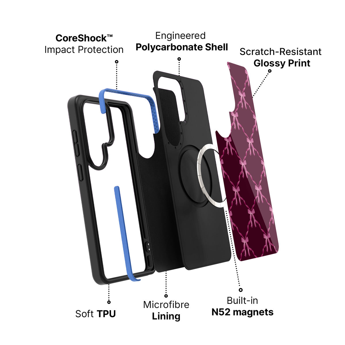 Samsung Galaxy S26 Ultra case construction and features – Bordeaux Bow phone case