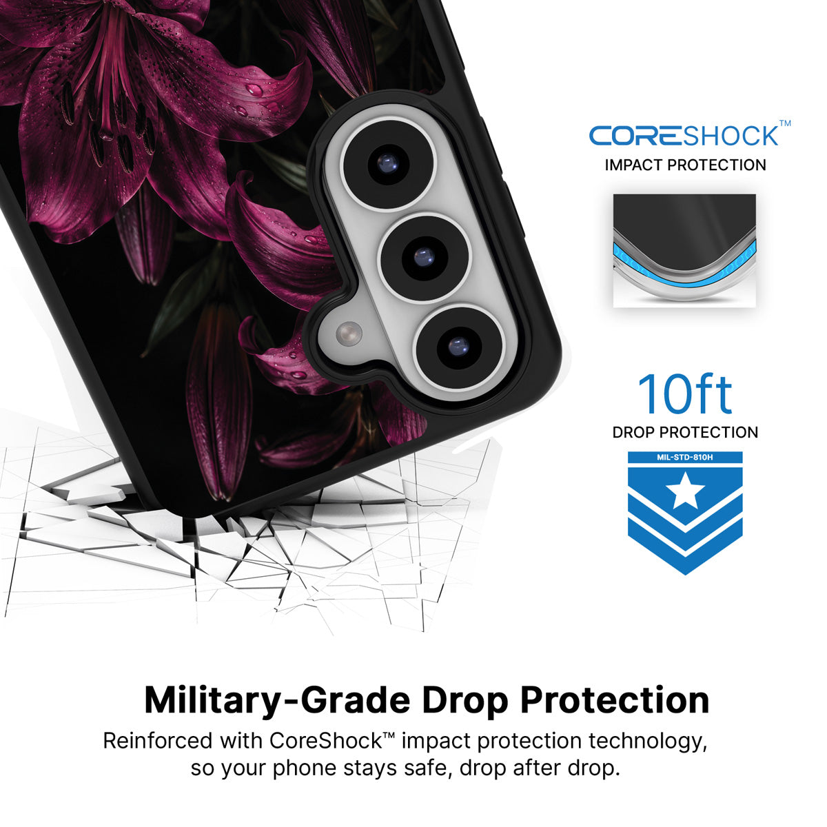 Burgundy Lily Samsung Galaxy S26 Plus case with 10ft military-grade drop protection